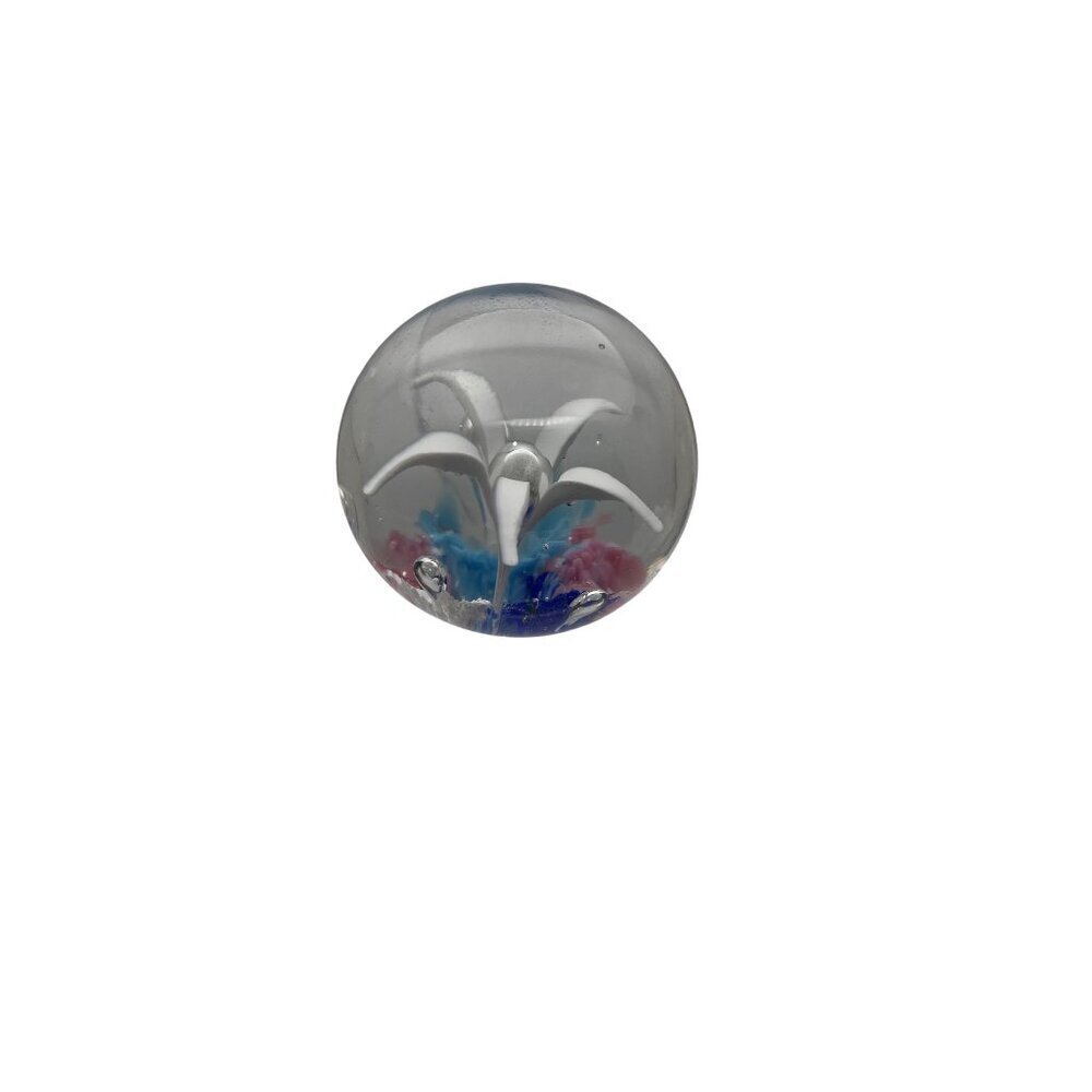 Hand-Blown Art Glass Paperweight With White Lily Flower & Colorful Base‎